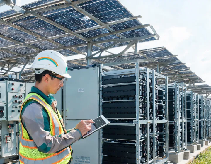 Energy engineer inspecting renewable power equipment near a battery system