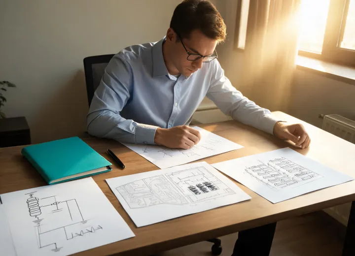 Engineer planning an energy storage system with diagrams and site notes